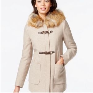 Calvin Klein Taupe Wool Blend Long Sleeve Faux Fur Collar Trim Winter Coat